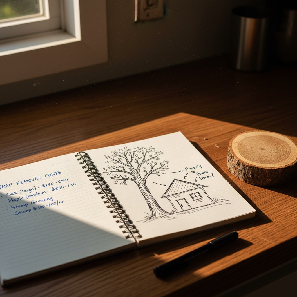 Handwritten tree-removal cost notes alongside a small log slice on a kitchen counter